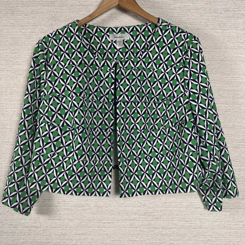 Dressbarn Geo Print Cropped Jacket Retro Mod Open Front Green Blue 14